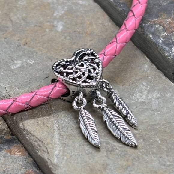 Heart Feathers Dreamcatcher Dangle Bracelet Charm - Sterling Silver Fits Pandora - Picture 3 of 6